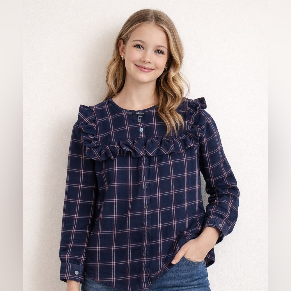 Madewell Navy Plaid Ruffle Yoke Button-Down Shirt